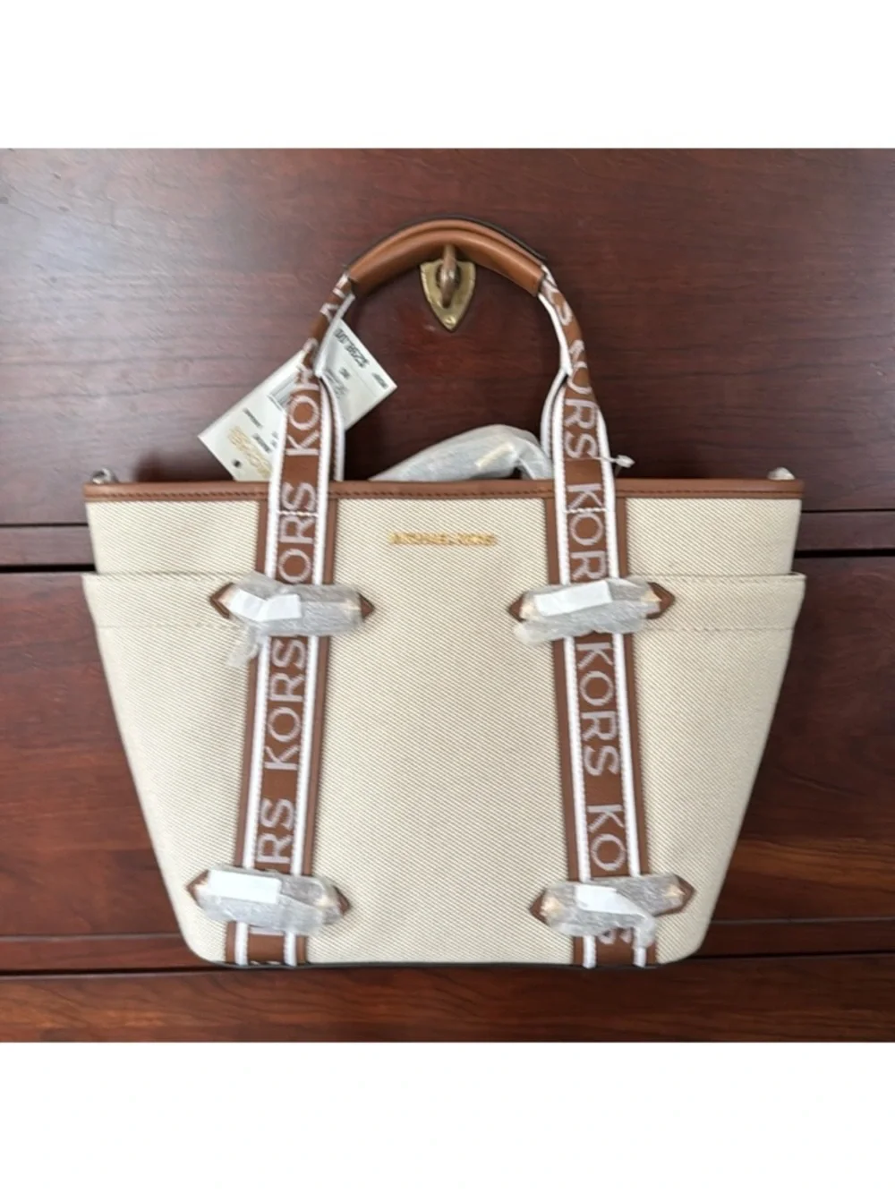 MICHAEL KORS Maeve Small Canvas Open Tote Luggage Leather NWT $298
